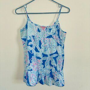 Lilly Pulitzer Bay Blue Into the Deep Coral Tank Top SIZE SMALL